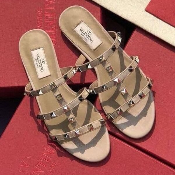 Valentino Rockstud Flat Calfskin Slide Sandal