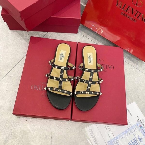 Valentino Rockstud Flat Calfskin Slide Sandal