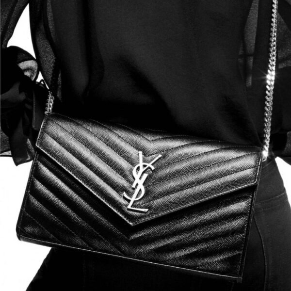 Yves Saint Laurent Monogram Chain Wallet Embossed Leather