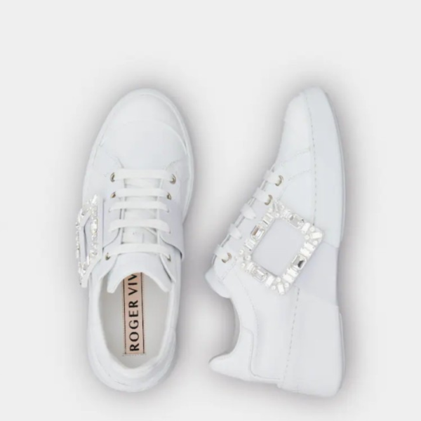Roger Vivier Viv' Skate Strass Buckle Sneakers in Soft Leather