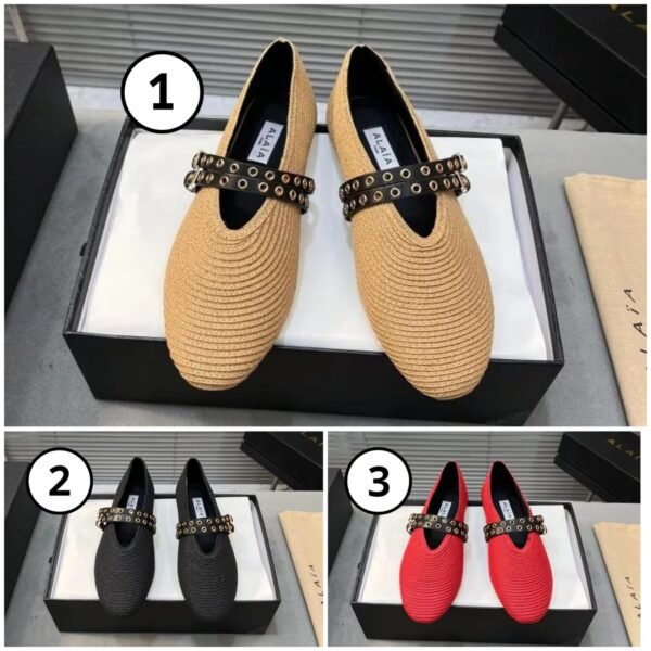 Alaia Leather Trimmed Paper Straw Flats Shoes