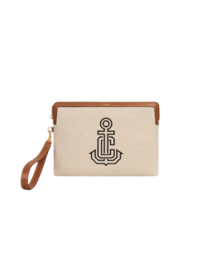 Celine Triomphe Small Pouch with Strap Tan In Textile With Anchor Embroidery