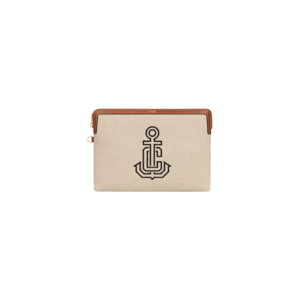 Celine Triomphe Small Pouch with Strap Tan In Textile With Anchor Embroidery